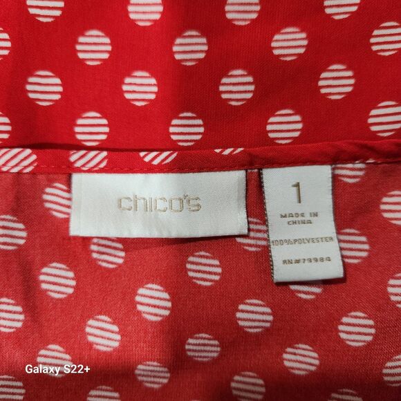 Chico's Blouse Womens SZ Medium Polka Dot Bright Office Preppy Casual Side Tie - Picture 2 of 4